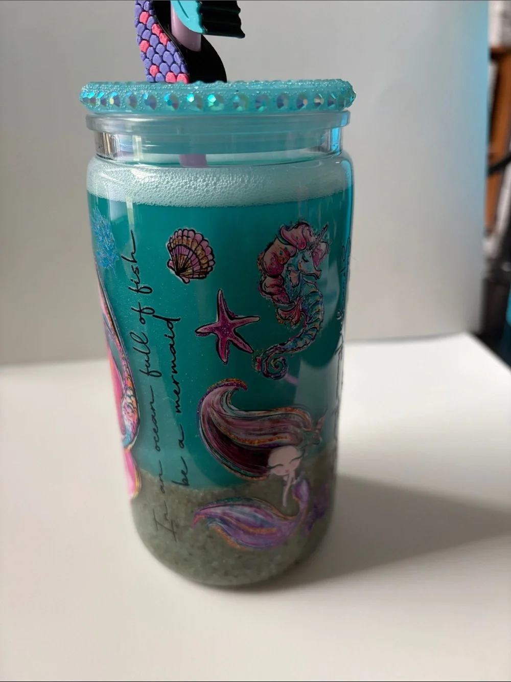 Mermaid 16 oz Beach Shimmer Tumbler w/ Jeweled Lid & Topper